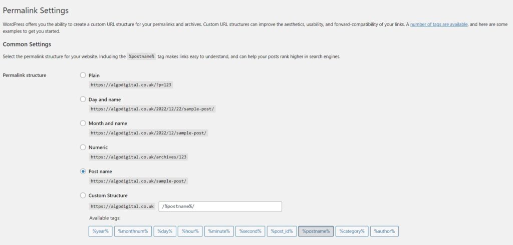 Permalink settings for wordpress website